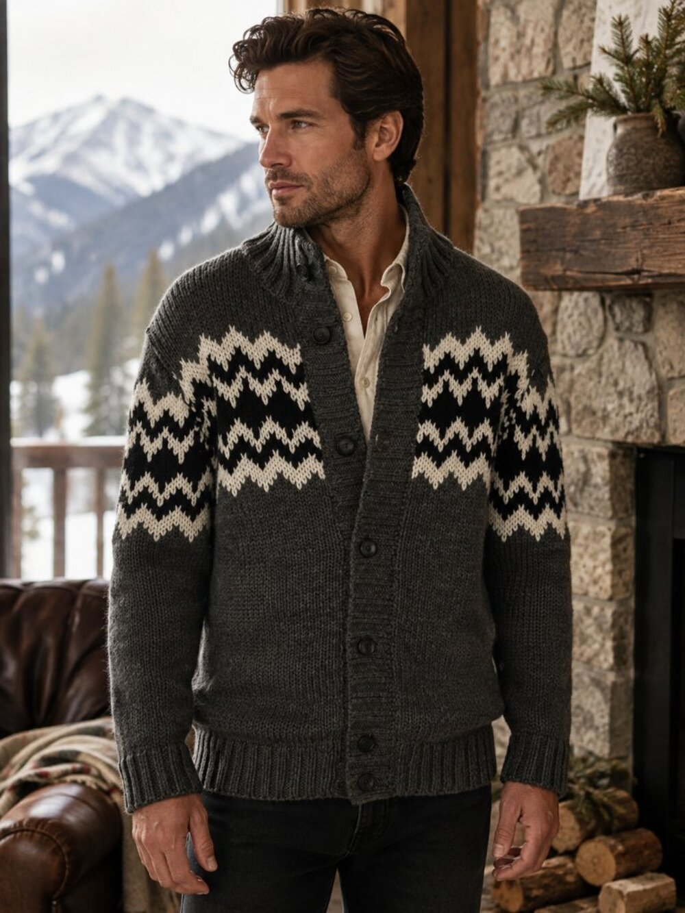 Filippo Novelli Mens Cardigan L Italian Wool Blend Fair Isle Nordic Sweater New